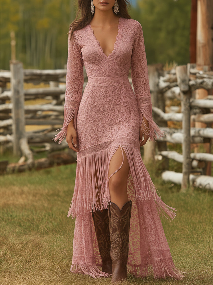 Loreley | Vestido Maxi Clásico de Encaje con Escote en V