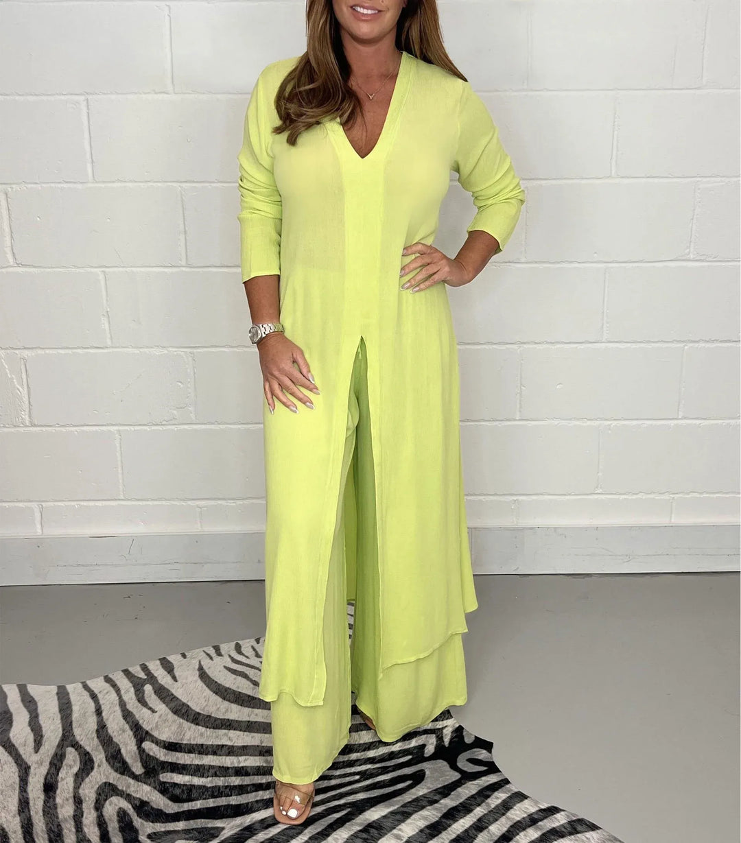 Conjunto de Dos Piezas Cherly Comfy – Blusa Fluida y Pantalones de Pierna Ancha