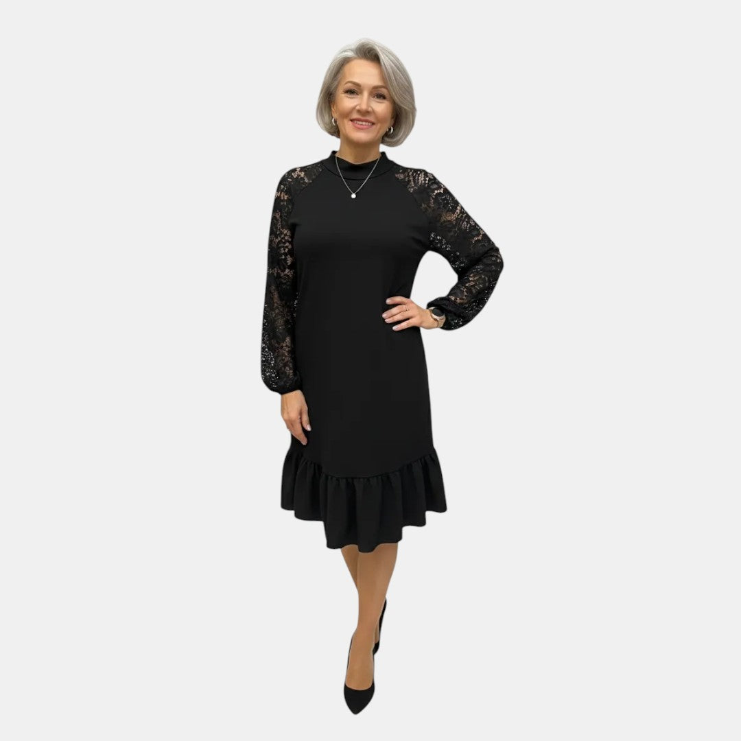 Alodia | Vestido Midi Cuello Mock con Encaje