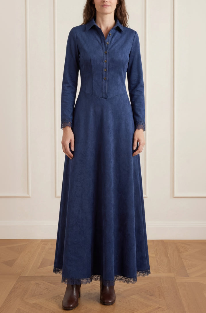 Lorenza | Vestido Largo de Ante con Cuello Camisero y Encaje