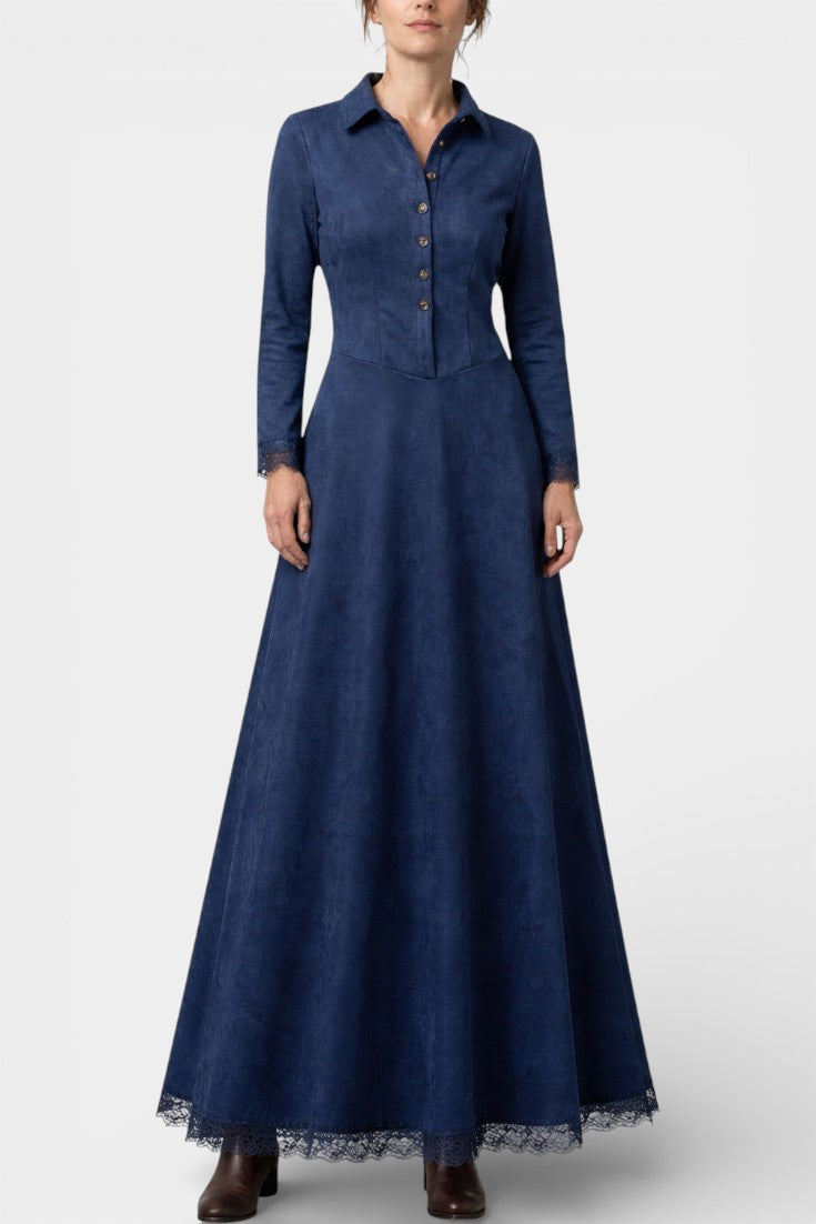 Lorenza | Vestido Largo de Ante con Cuello Camisero y Encaje