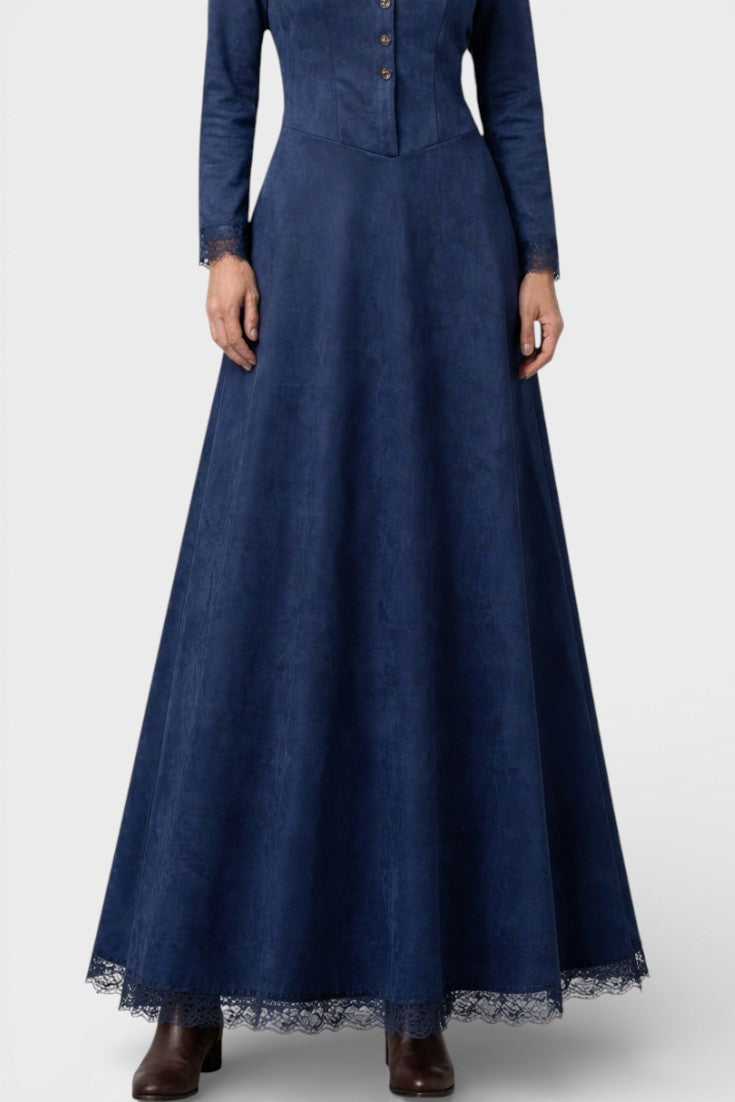 Lorenza | Vestido Largo de Ante con Cuello Camisero y Encaje