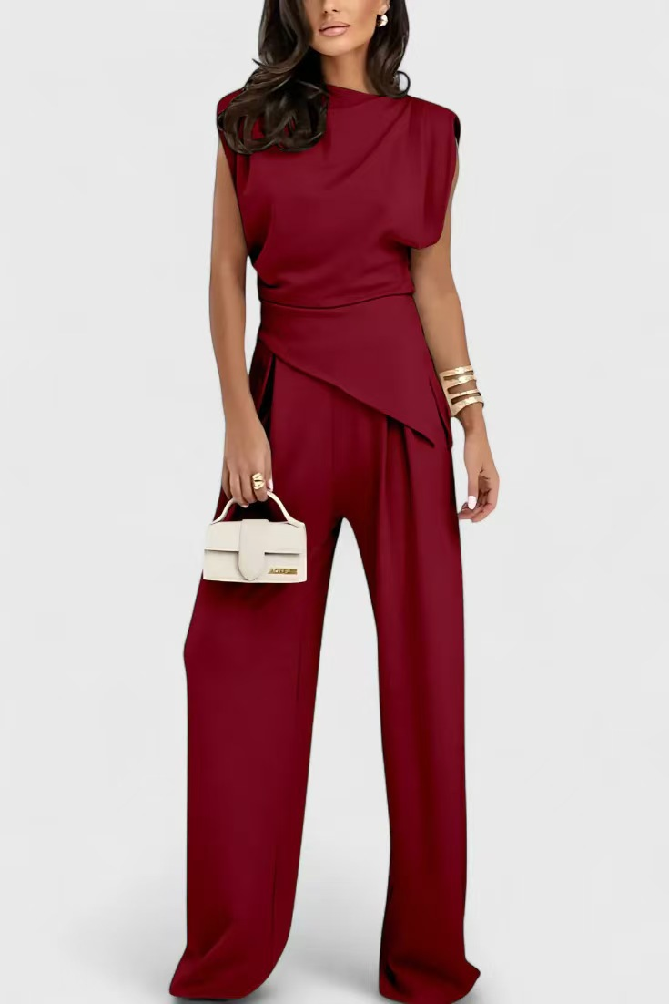 Diann | Conjunto Elegante de Dos Piezas – Top Drapado y Pantalones de Pierna Ancha