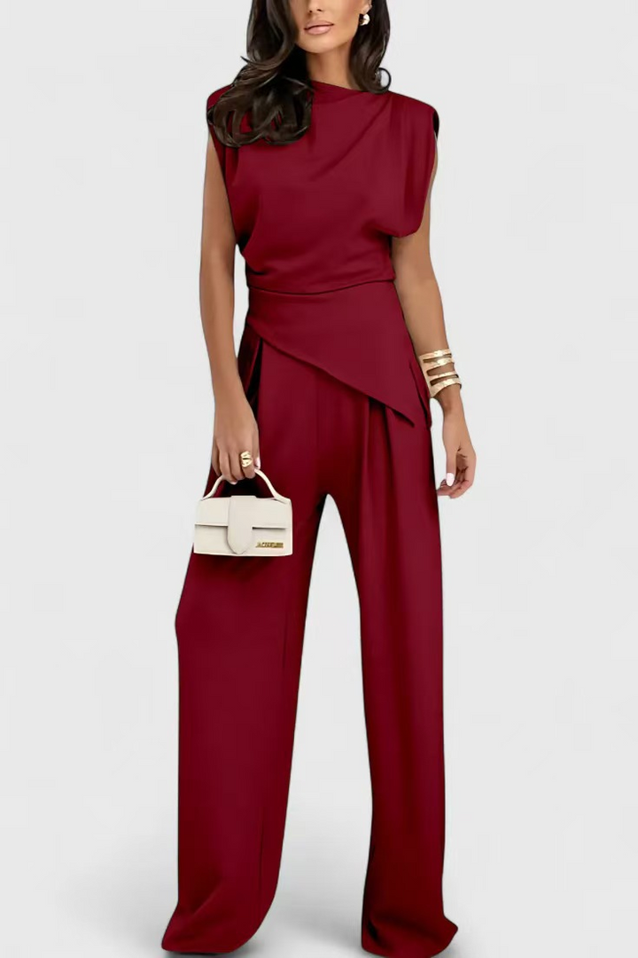 Diann | Conjunto Elegante de Dos Piezas – Top Drapado y Pantalones de Pierna Ancha