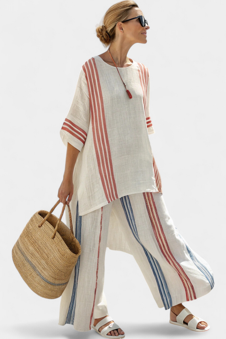 Alodia | Conjunto Elegante de Dos Piezas – Top a Rayas y Pantalones de Pierna Ancha
