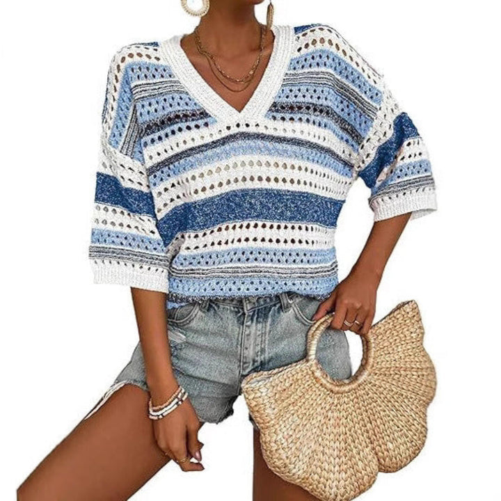 Kelise | Top de Verano de Ganchillo a Rayas con Escote en V Casual