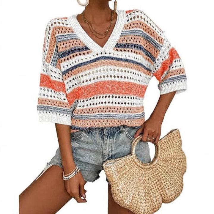 Kelise | Top de Verano de Ganchillo a Rayas con Escote en V Casual