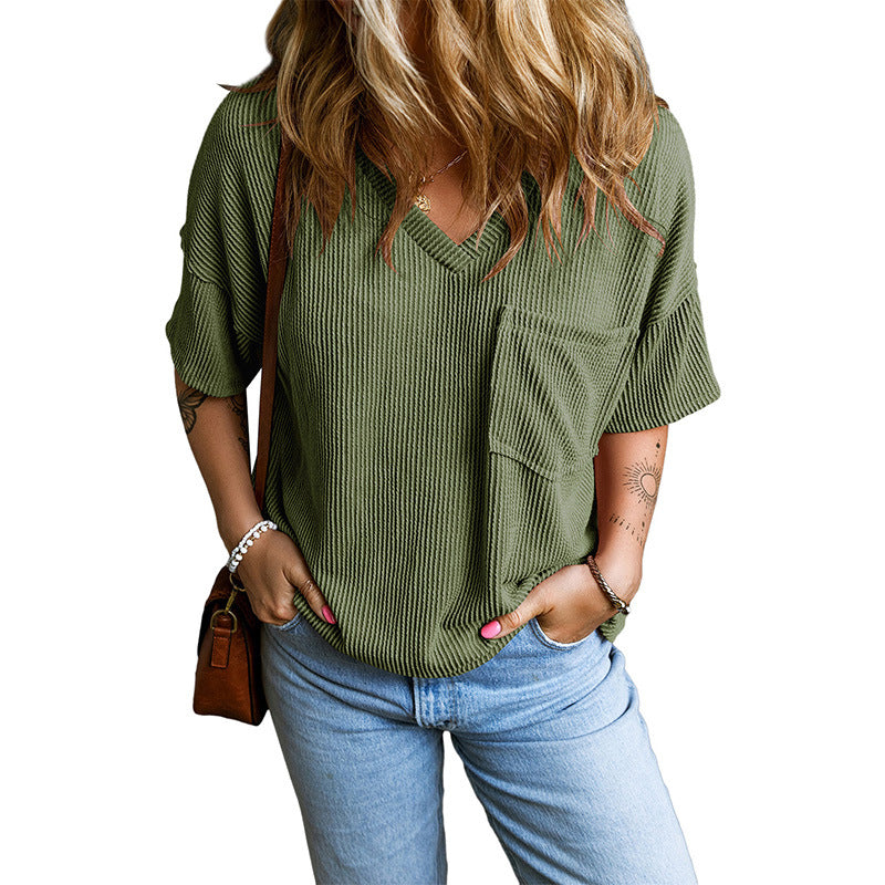 Janelle | Camiseta de V-Cuello Texturizada con Bolsillo Casual