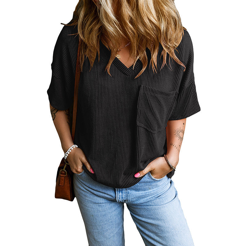 Janelle | Camiseta de V-Cuello Texturizada con Bolsillo Casual