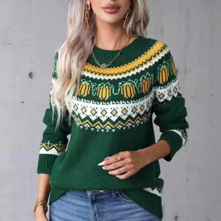 Iyonna | Suéter de Pullover de Calabaza con Cuello Redondo Vintage