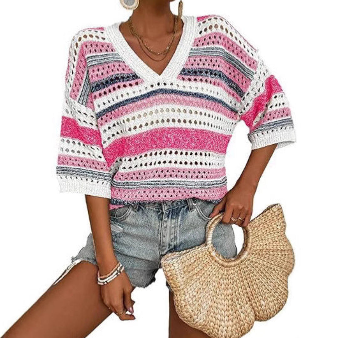 Kelise | Top de Verano de Ganchillo a Rayas con Escote en V Casual