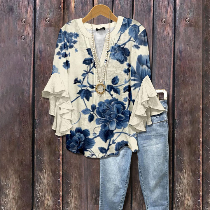 Blairly | Blusa Floral de Manga Rizada Retro Vintage