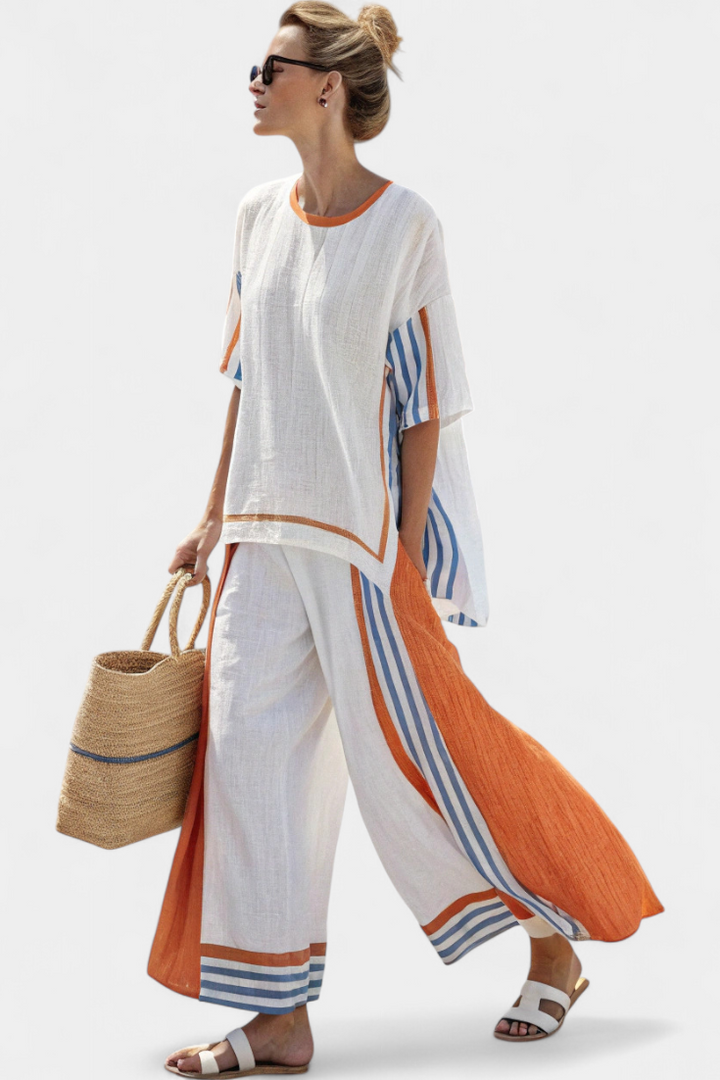 Alodia | Conjunto Elegante de Dos Piezas – Top a Rayas y Pantalones de Pierna Ancha