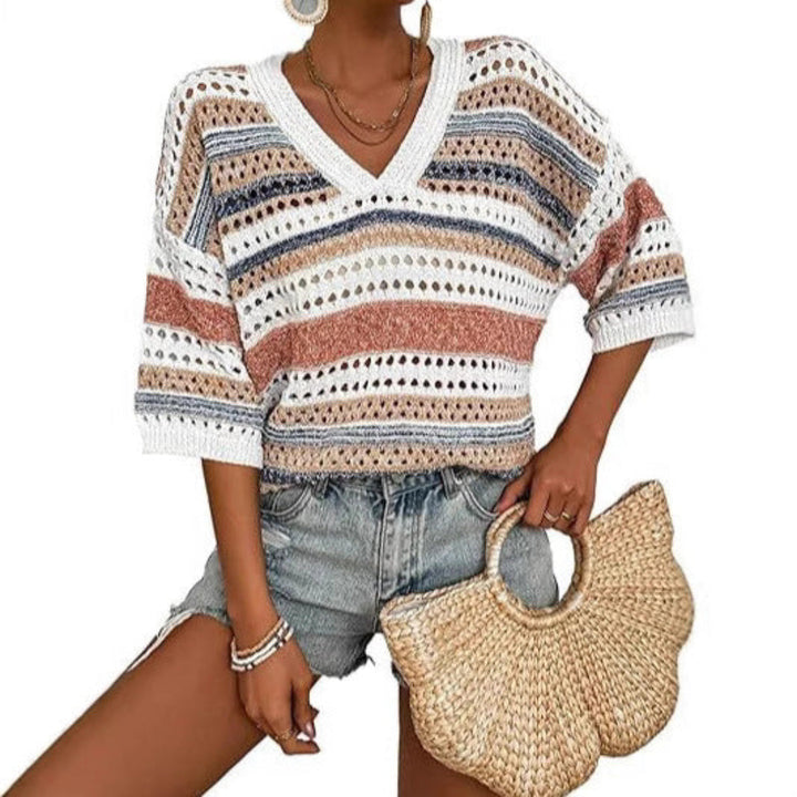 Kelise | Top de Verano de Ganchillo a Rayas con Escote en V Casual
