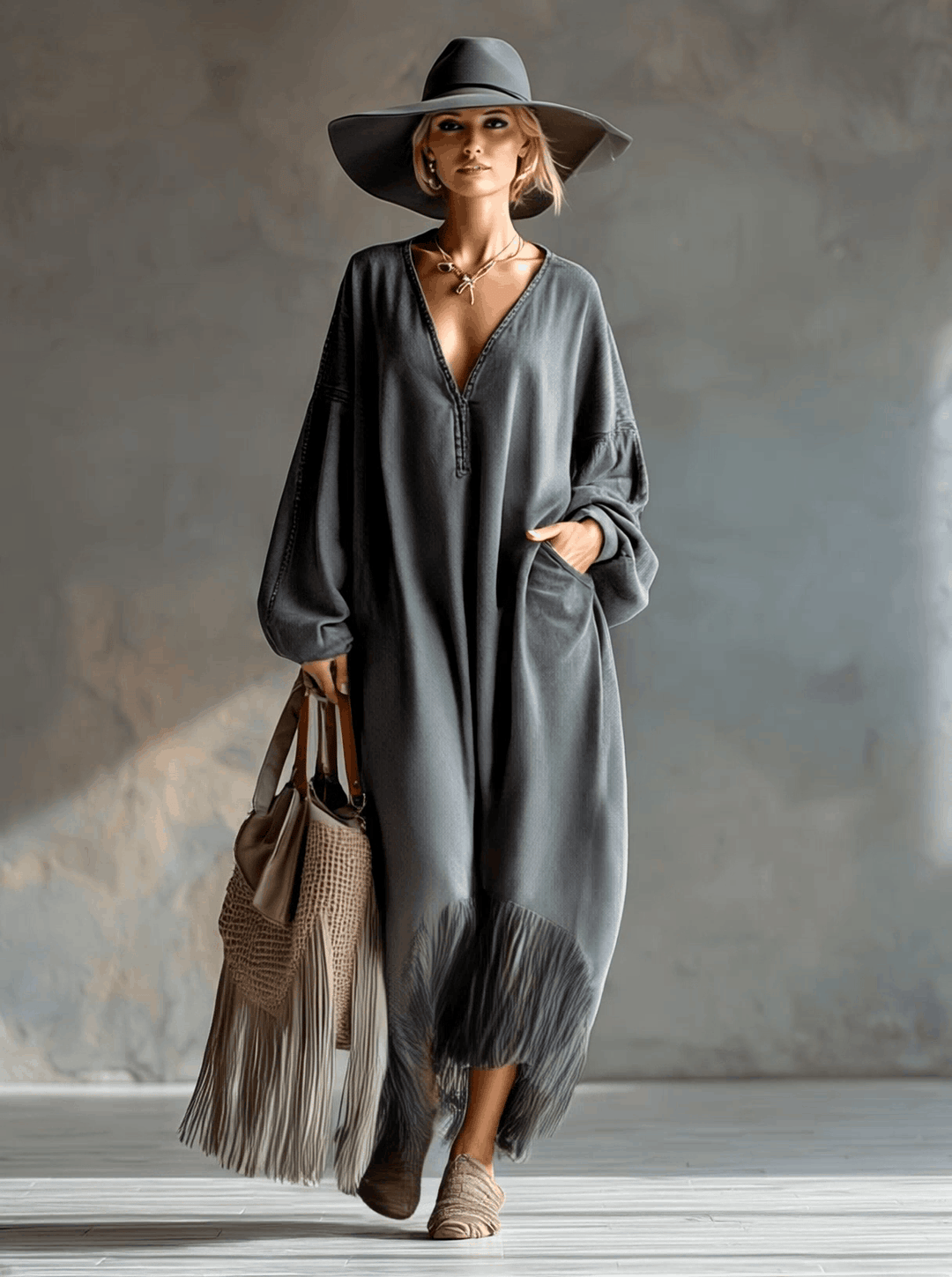 Martha | Vestido Maxi de Denim con Borlas