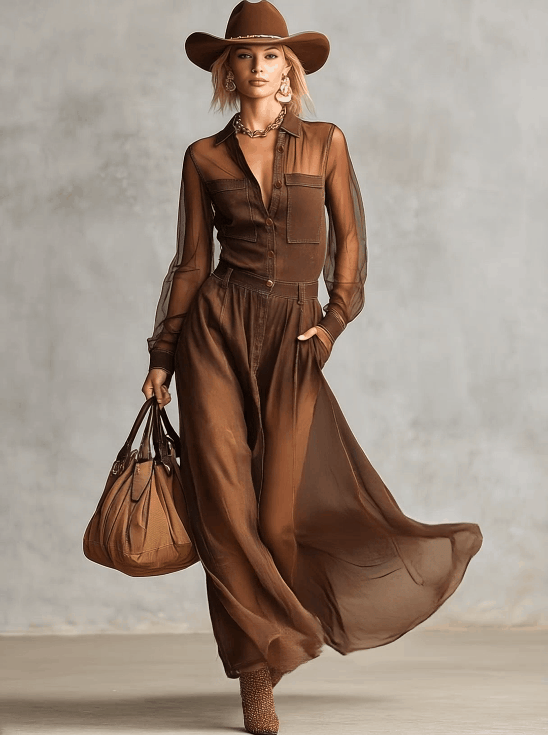 Nathalia | Vestido Maxi Western Marrón Clásico