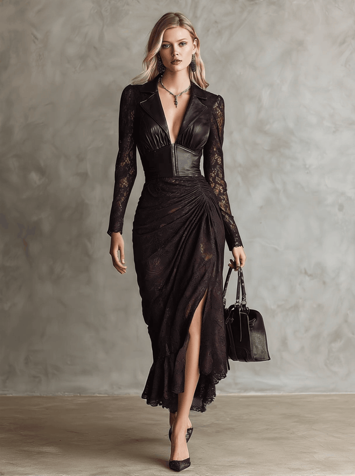 Bernardita | Vestido Maxi de Cuero Sintético con Encaje