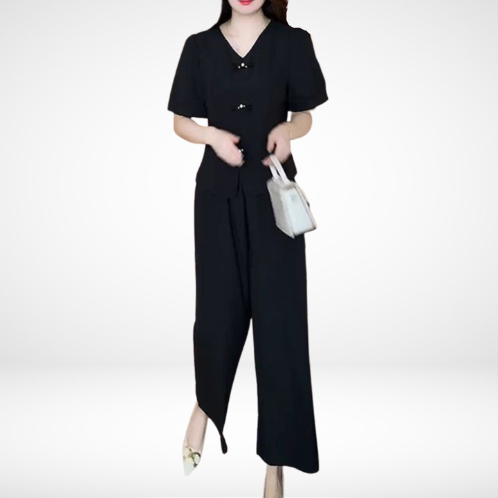 Elsie | Conjunto Elegante de Dos Piezas de Manga Corta – Top de Escote en V y Pantalones de Pierna Ancha