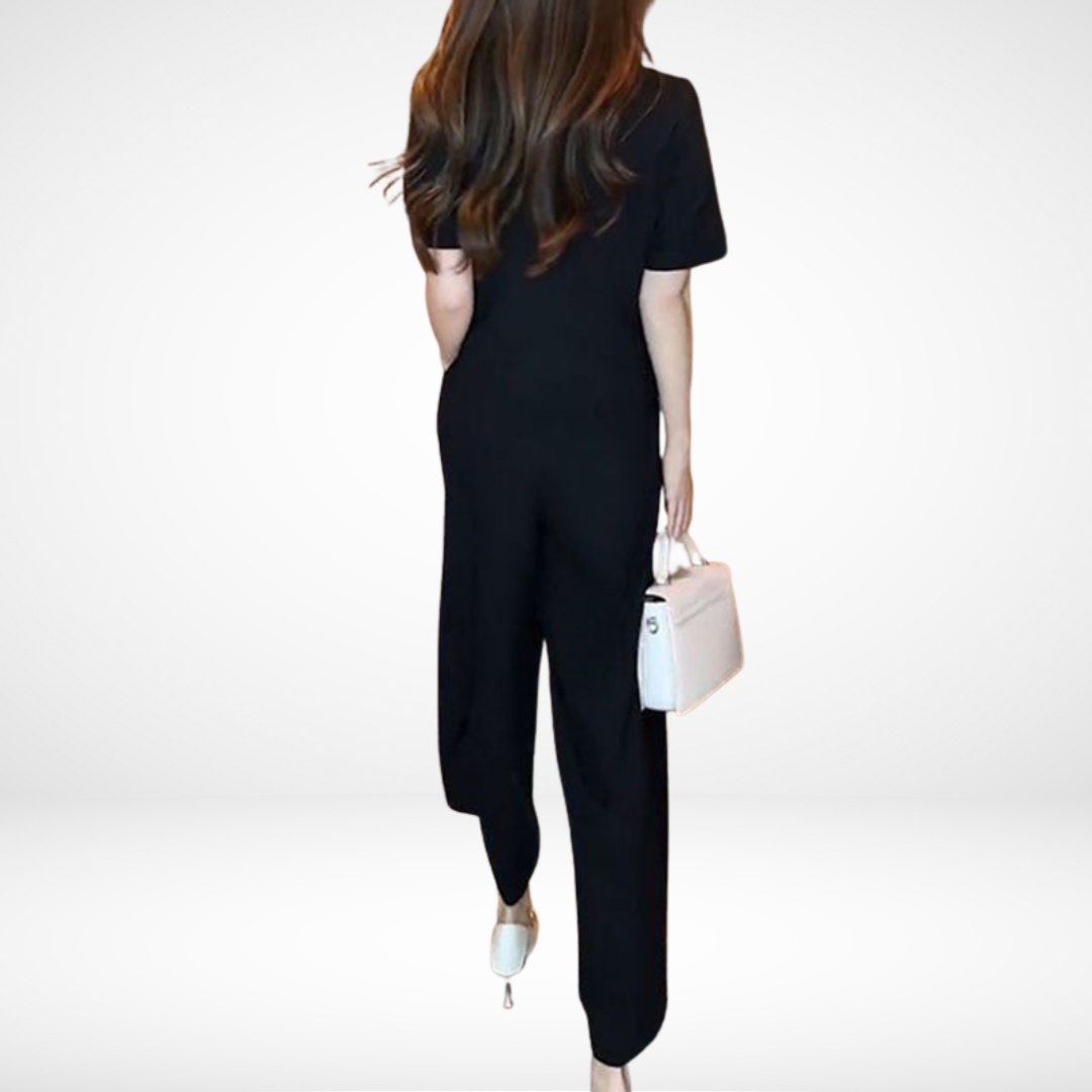 Elsie | Conjunto Elegante de Dos Piezas de Manga Corta – Top de Escote en V y Pantalones de Pierna Ancha
