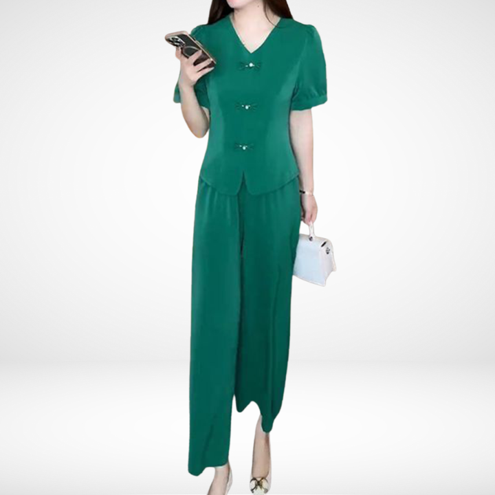Elsie | Conjunto Elegante de Dos Piezas de Manga Corta – Top de Escote en V y Pantalones de Pierna Ancha