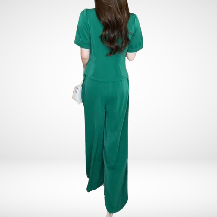 Elsie | Conjunto Elegante de Dos Piezas de Manga Corta – Top de Escote en V y Pantalones de Pierna Ancha