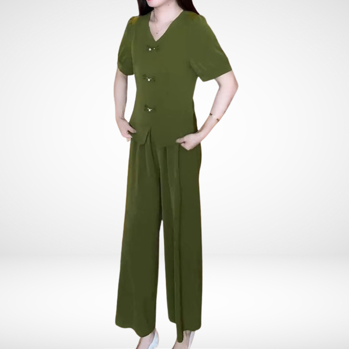 Elsie | Conjunto Elegante de Dos Piezas de Manga Corta – Top de Escote en V y Pantalones de Pierna Ancha