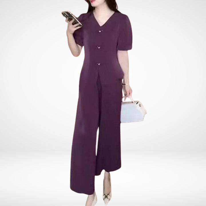 Elsie | Conjunto Elegante de Dos Piezas de Manga Corta – Top de Escote en V y Pantalones de Pierna Ancha