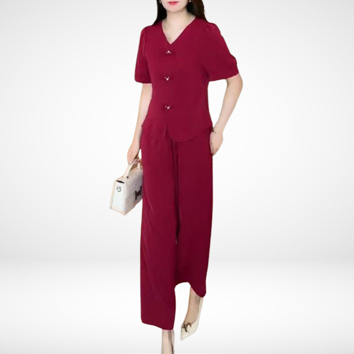 Elsie | Conjunto Elegante de Dos Piezas de Manga Corta – Top de Escote en V y Pantalones de Pierna Ancha