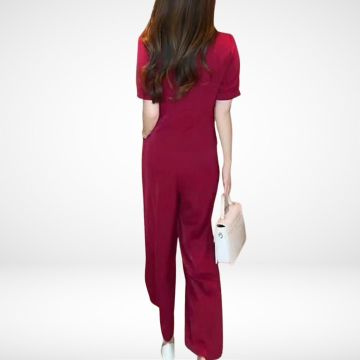 Elsie | Conjunto Elegante de Dos Piezas de Manga Corta – Top de Escote en V y Pantalones de Pierna Ancha