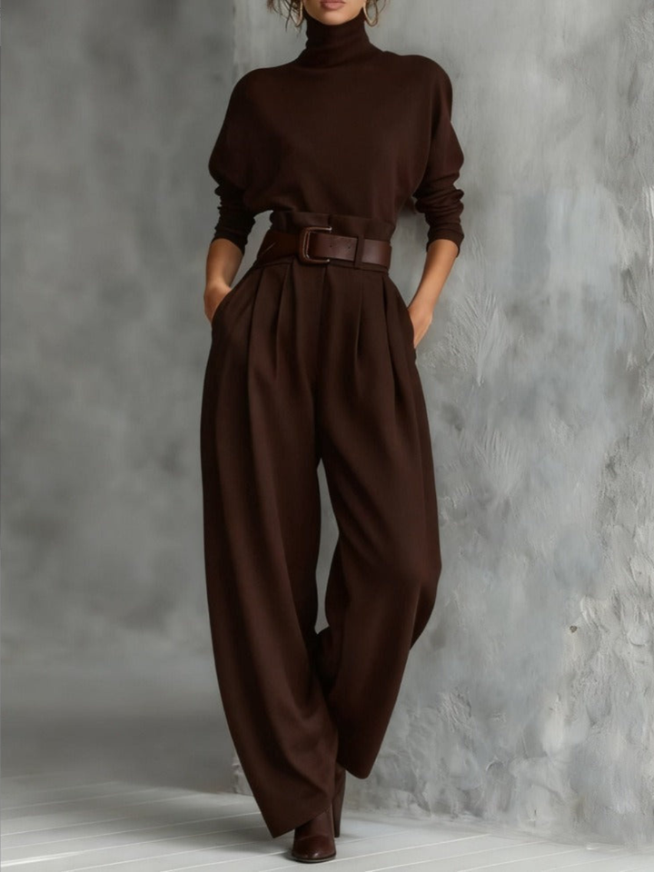 Jessica | Conjunto Elegante de Top y Pantalones de Pierna Recta – Suéter de Cuello Alto Ajustado y Pantalones a Medida