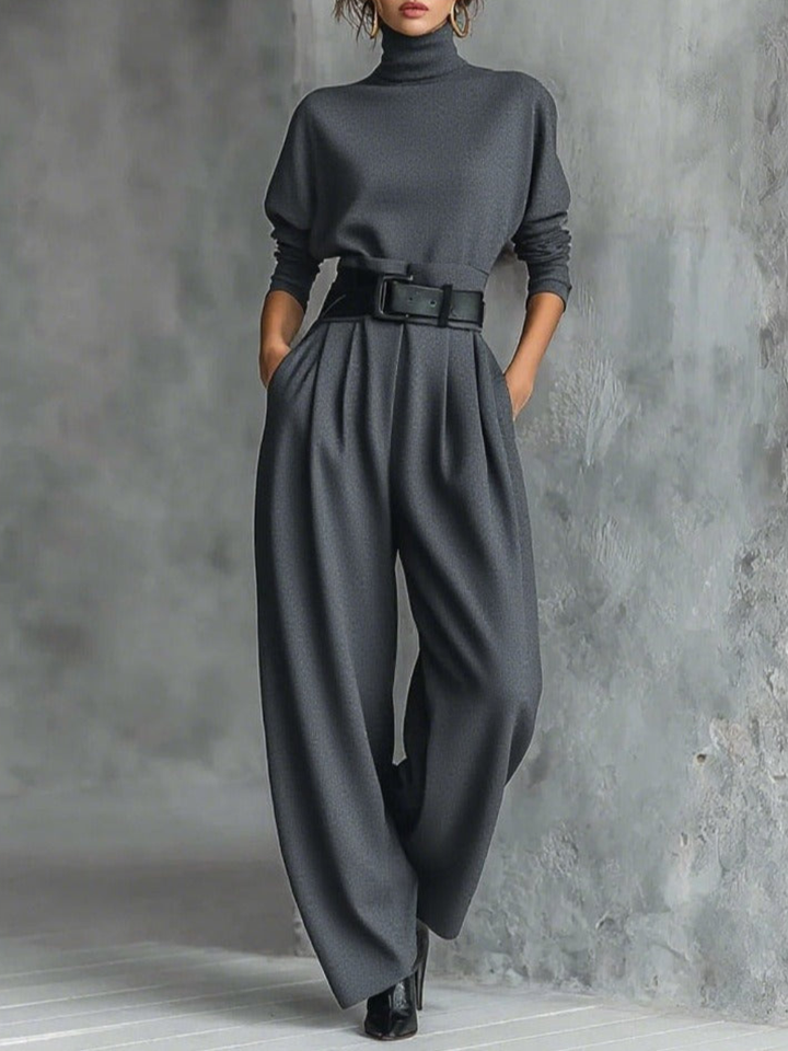 Jessica | Conjunto Elegante de Top y Pantalones de Pierna Recta – Suéter de Cuello Alto Ajustado y Pantalones a Medida