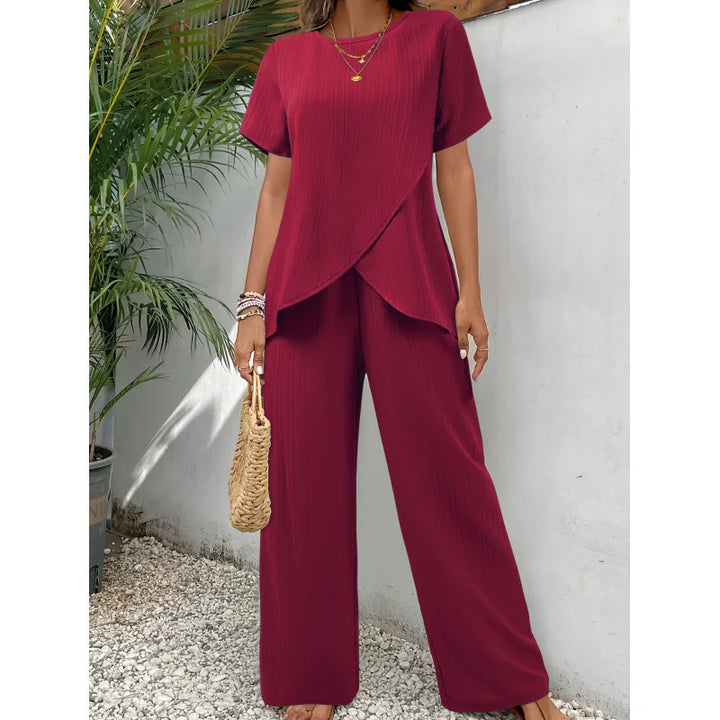 Lorrina | Conjunto Elegante de Dos Piezas Suave – Blusa Asimétrica y Pantalones Relajados