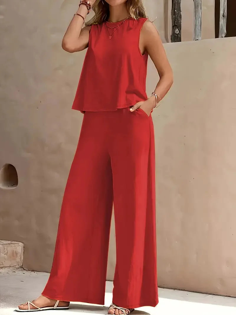 Conjunto de Dos Piezas Sin Mangas Danielle – Top Sin Mangas y Pantalones de Pierna Ancha