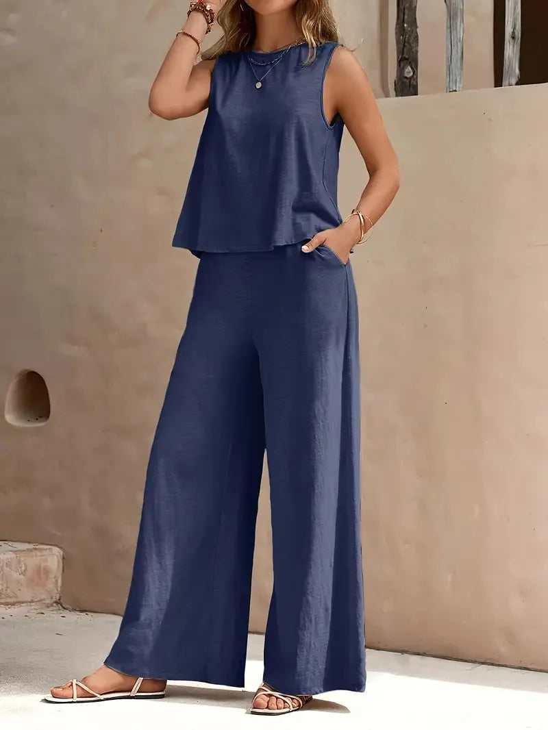 Conjunto de Dos Piezas Sin Mangas Danielle – Top Sin Mangas y Pantalones de Pierna Ancha