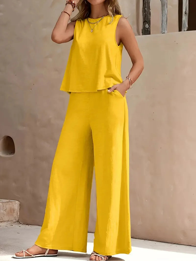 Conjunto de Dos Piezas Sin Mangas Danielle – Top Sin Mangas y Pantalones de Pierna Ancha