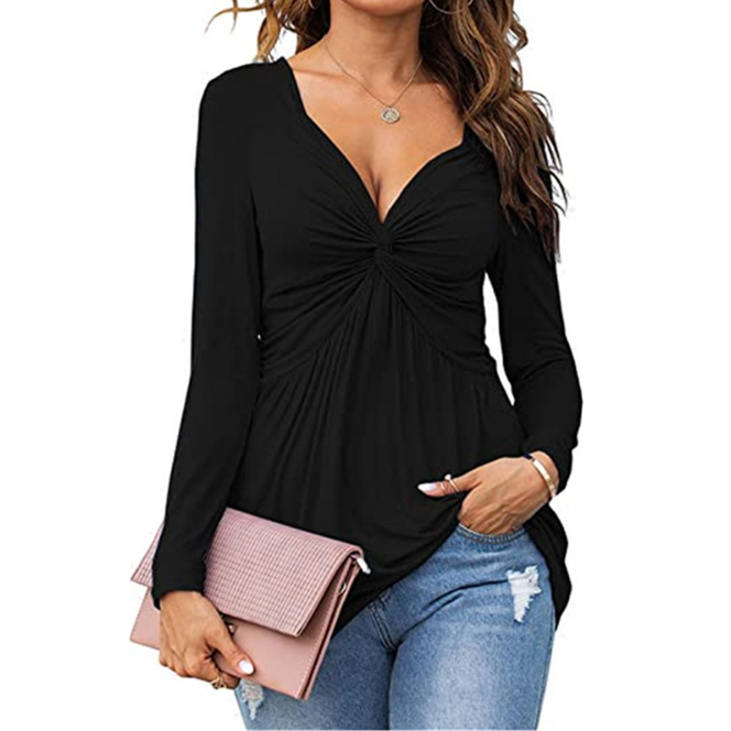 Emma | Blusa Casual de Cuello en V con Nudo Frontal y Mangas Largas