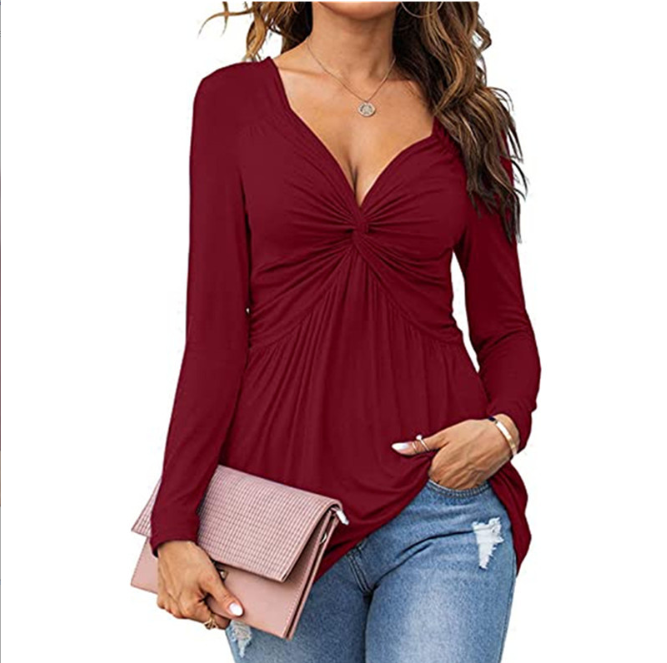 Emma | Blusa Casual de Cuello en V con Nudo Frontal y Mangas Largas