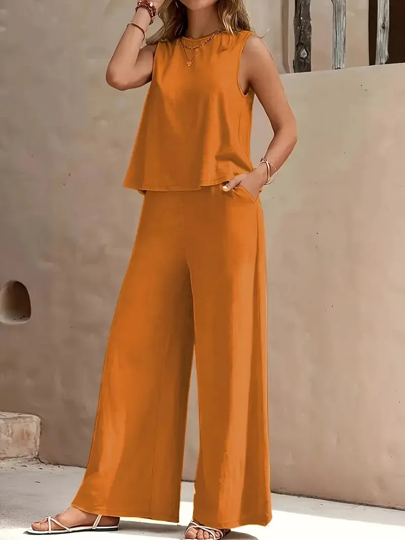 Conjunto de Dos Piezas Sin Mangas Danielle – Top Sin Mangas y Pantalones de Pierna Ancha