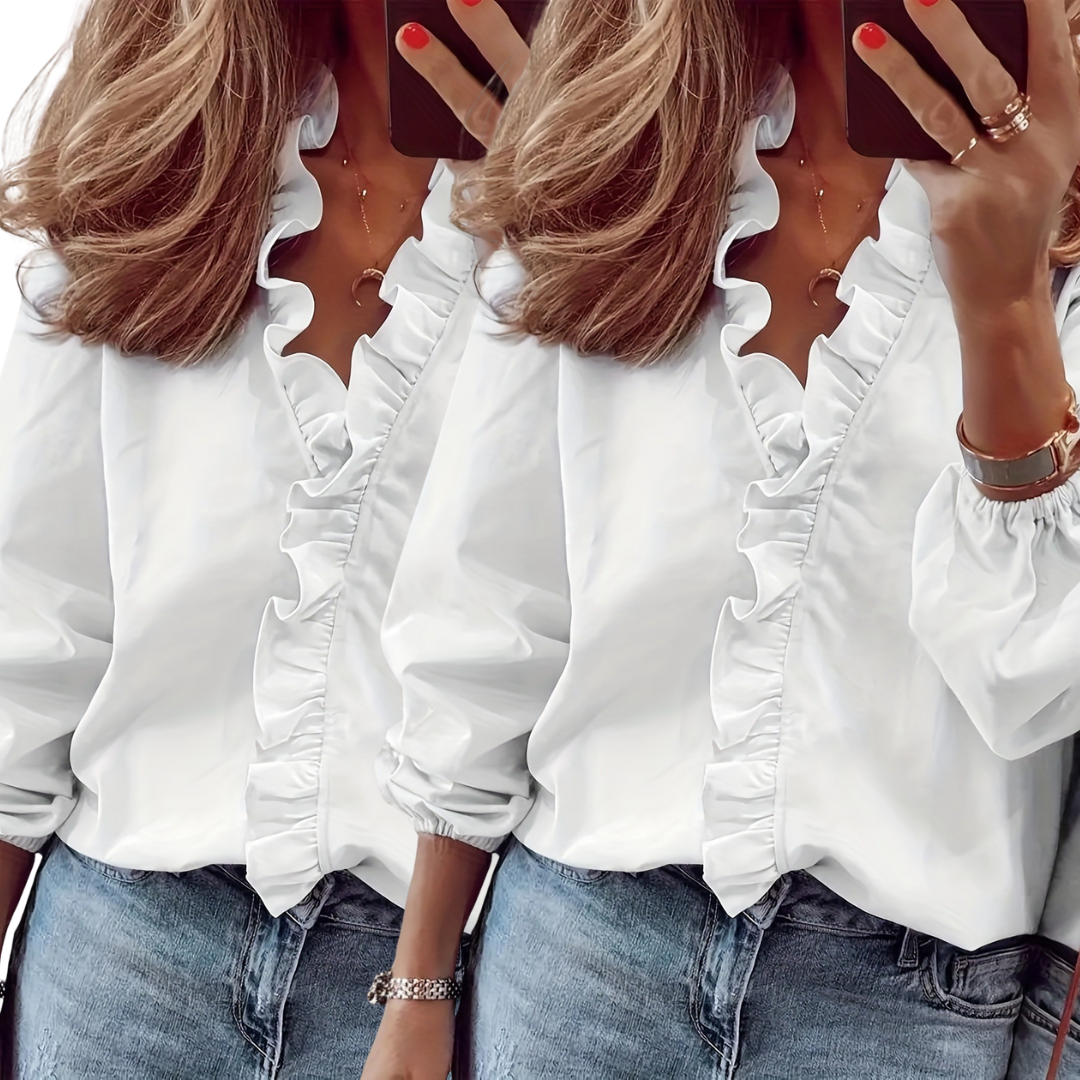 Blusa atemporal Lorelei con escote en V y volantes – Top casual elegante
