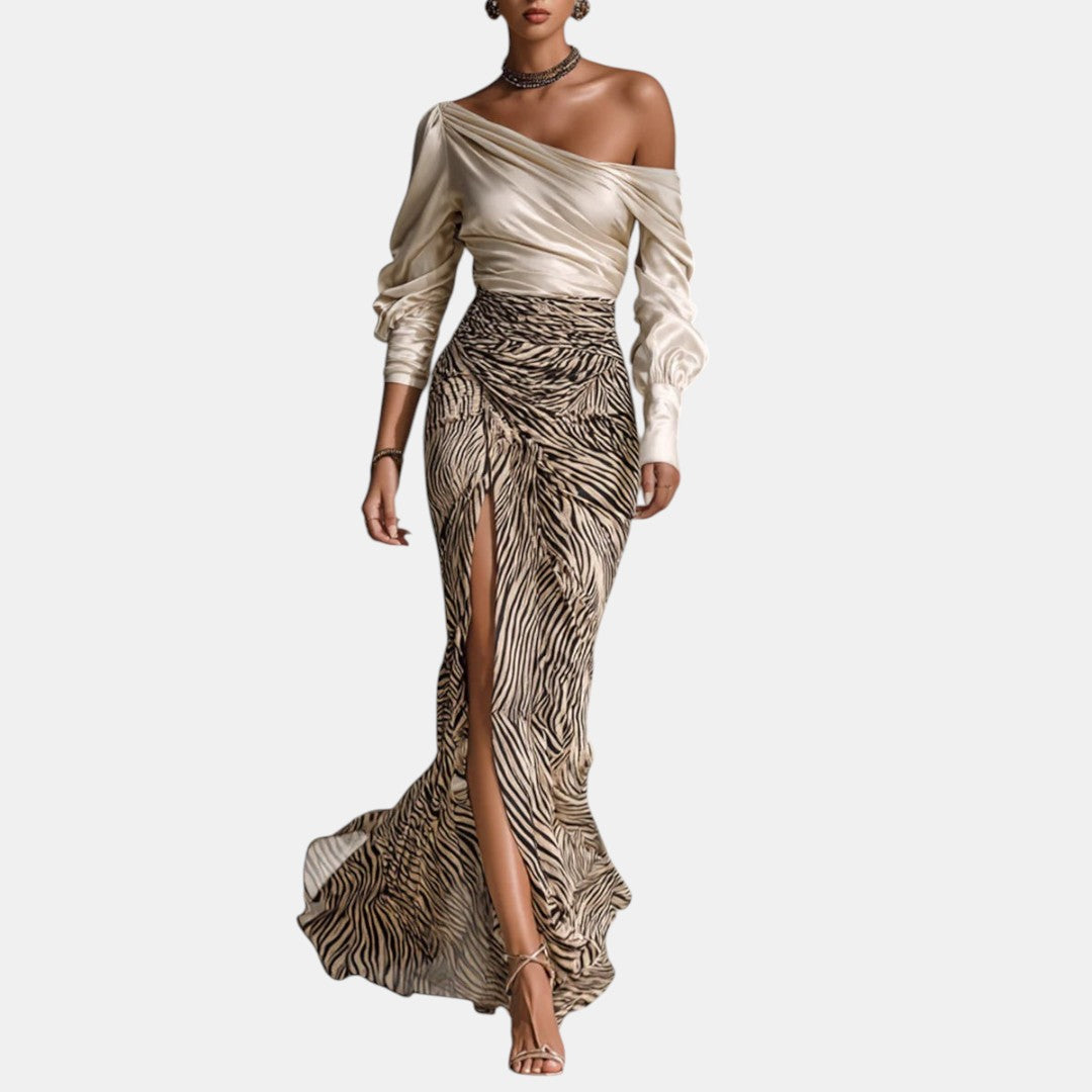 Georgina | Conjunto con Hombros Descubiertos y Falda Cebra con Abertura