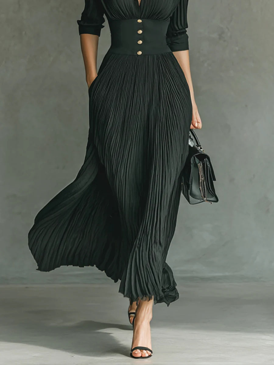 Catalina | Vestido Maxi Plisado con Solapa