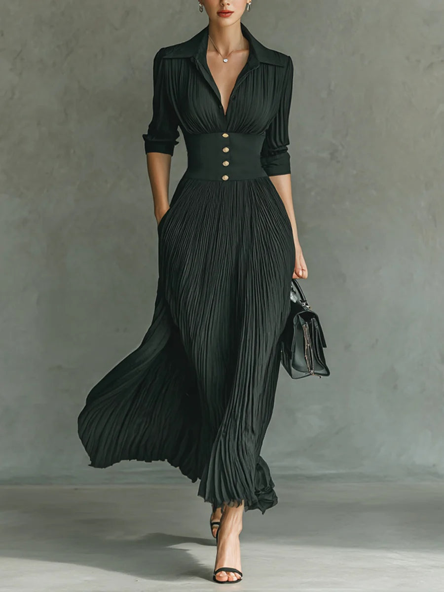 Catalina | Vestido Maxi Plisado con Solapa