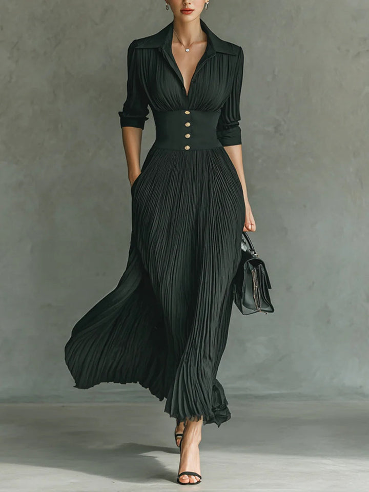 Catalina | Vestido Maxi Plisado con Solapa