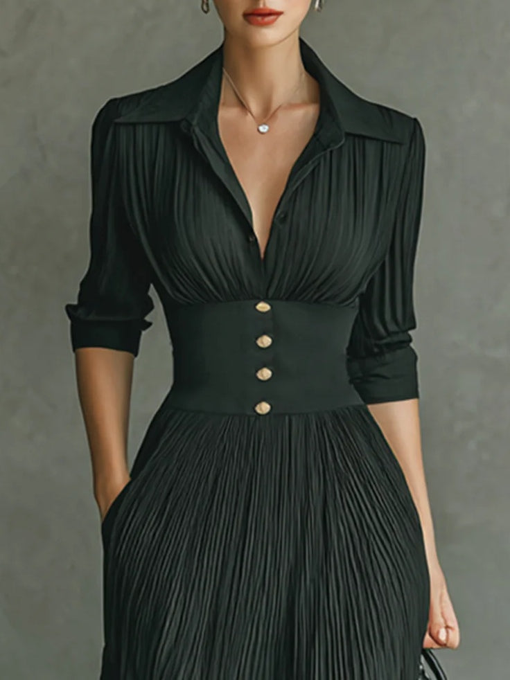 Catalina | Vestido Maxi Plisado con Solapa