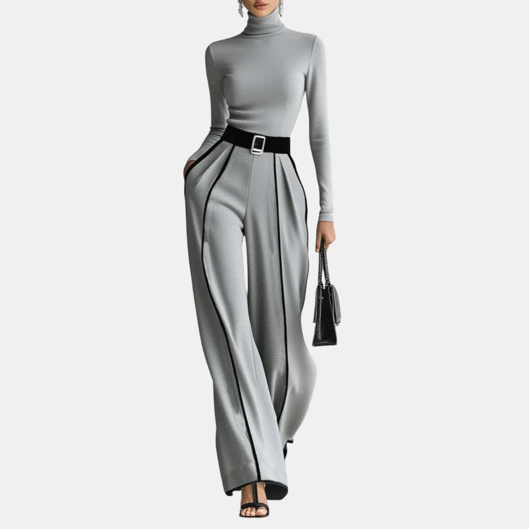 Penélope | Conjunto de Cuello Alto con Detalles Blancos y Pantalón Ancho