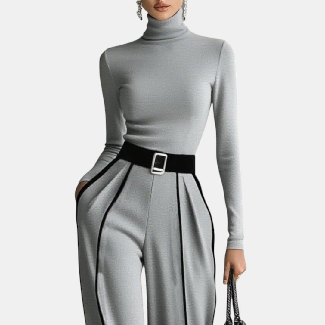 Penélope | Conjunto de Cuello Alto con Detalles Blancos y Pantalón Ancho