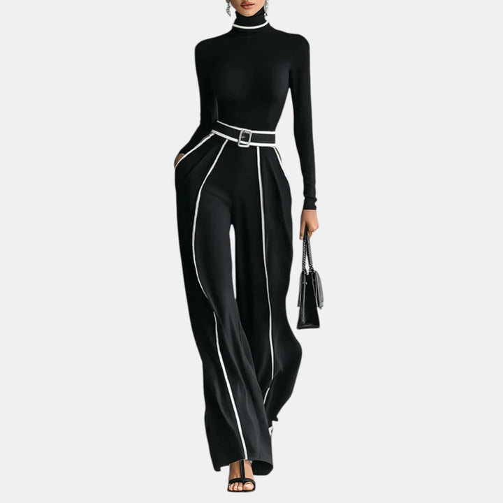Penélope | Conjunto de Cuello Alto con Detalles Blancos y Pantalón Ancho