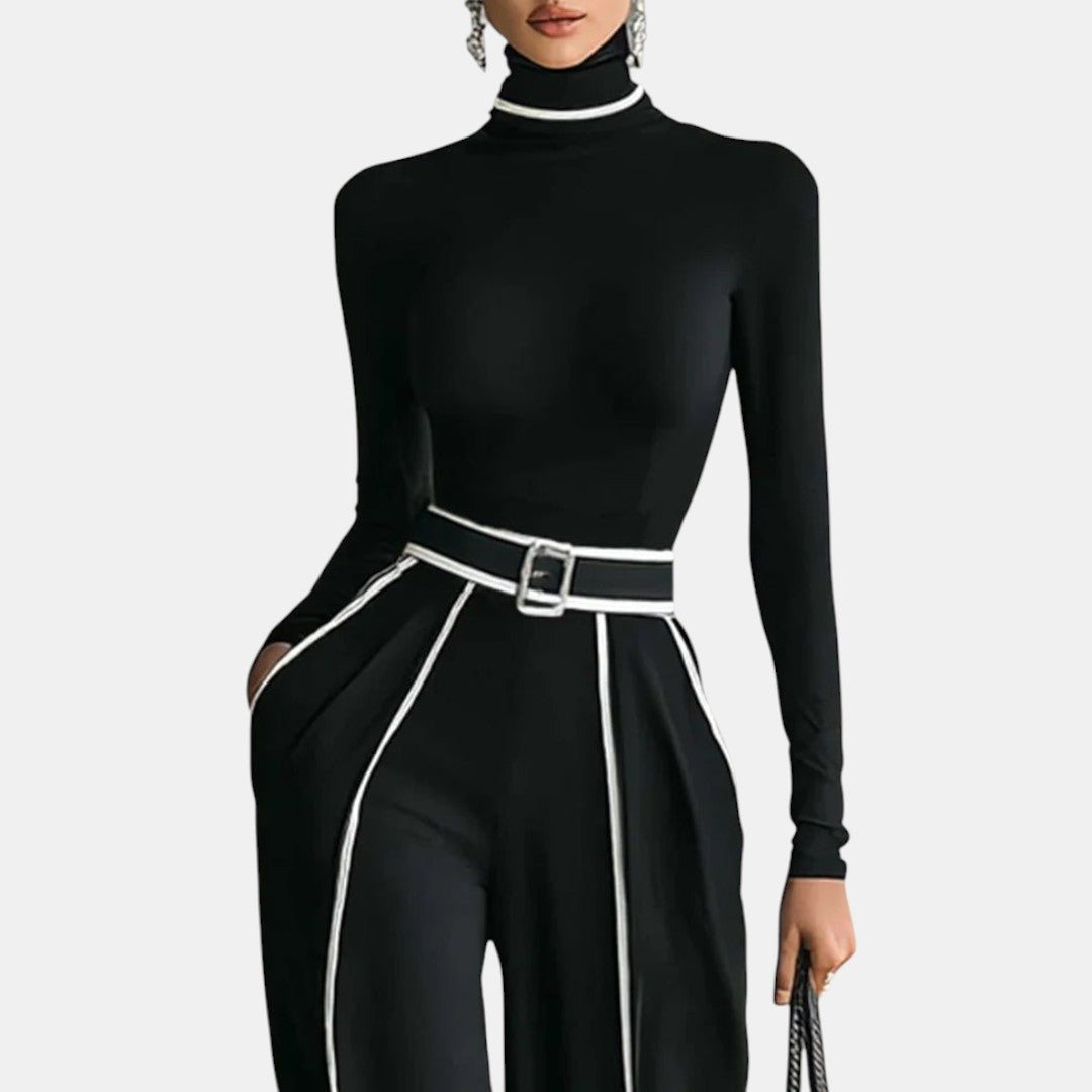 Penélope | Conjunto de Cuello Alto con Detalles Blancos y Pantalón Ancho
