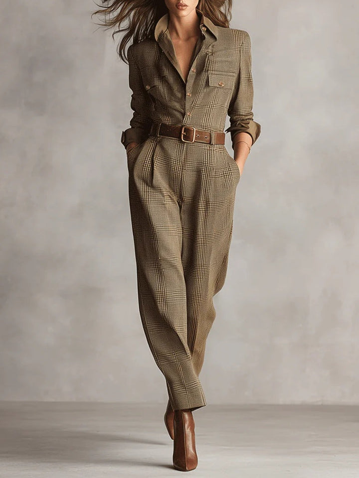 Mono Utilitario de Cuadros de Tweed Marrón Rowena – Mono Utilitario de Cuadros de Tweed Marrón Atemporal