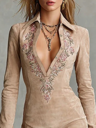Leandra | Vestido Midi Floral en Beige con Solapa